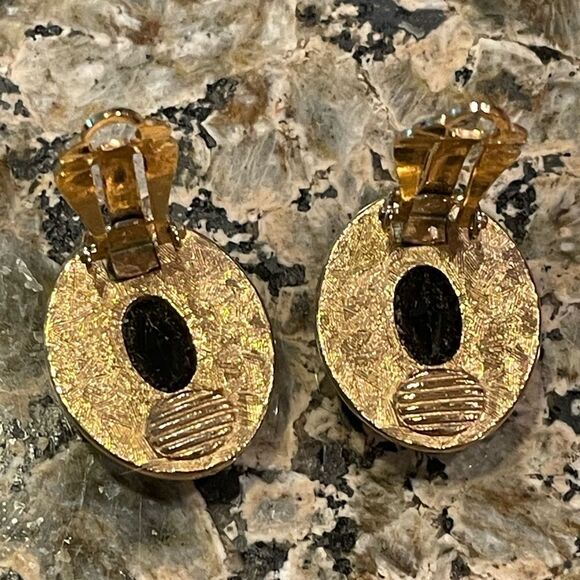 Givenchy Paris New York Vintage Black Onyx Crystal Gld Tn Vintage Clip Earrings - Picture 6 of 14